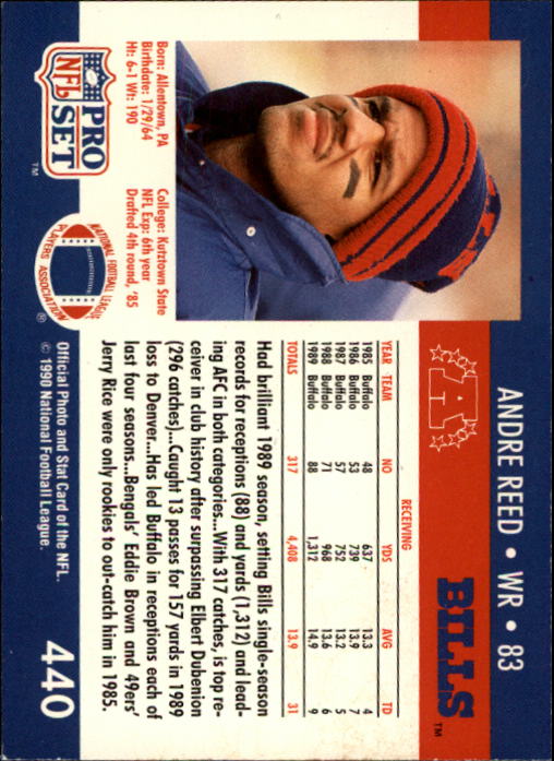 1990 Pro Set #440 Andre Reed UER/(Vance Johnson also had/more catches in '85) back image