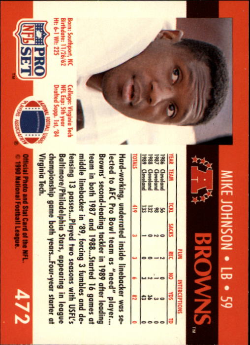 1990 Pro Set #472 Mike Johnson back image