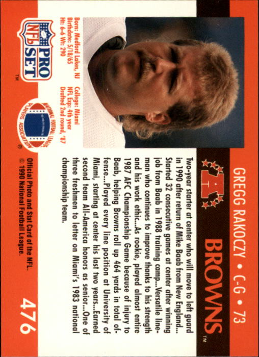 1990 Pro Set #476 Gregg Rakoczy RC back image