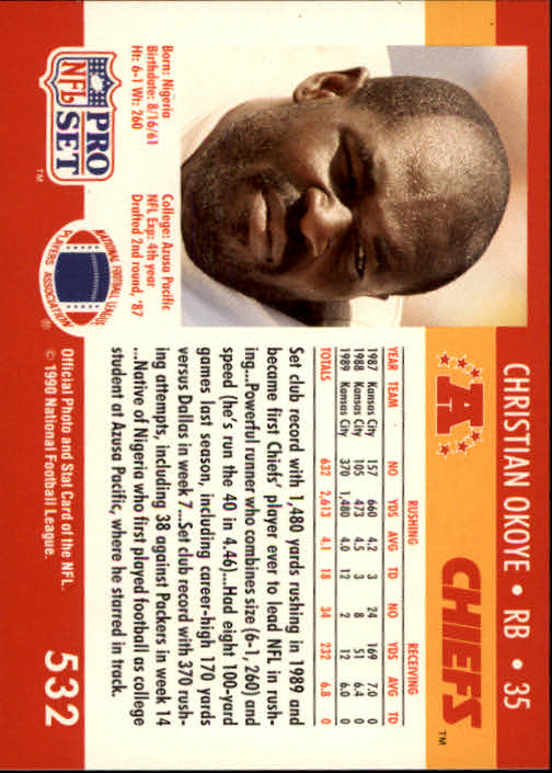1990 Pro Set #532 Christian Okoye back image