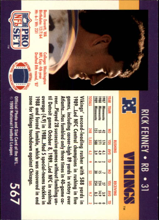 1990 Pro Set #567 Rick Fenney back image