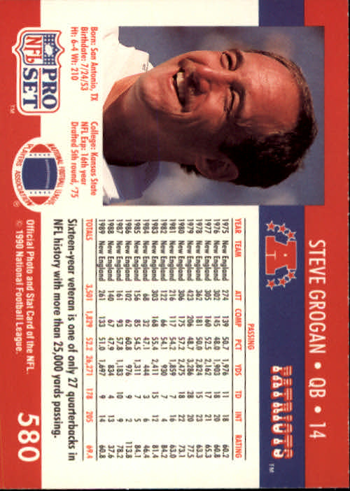 1990 Pro Set #580 Steve Grogan back image