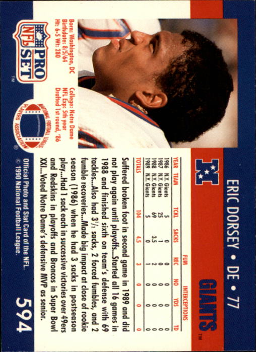 1990 Pro Set #594 Eric Dorsey RC back image