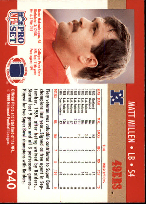 1990 Pro Set #640 Matt Millen back image