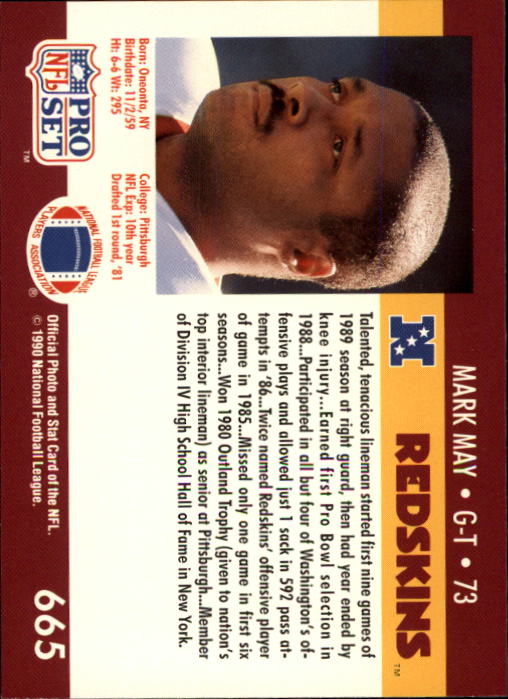 1990 Pro Set #665 Mark May/(Front G, back G/T) back image