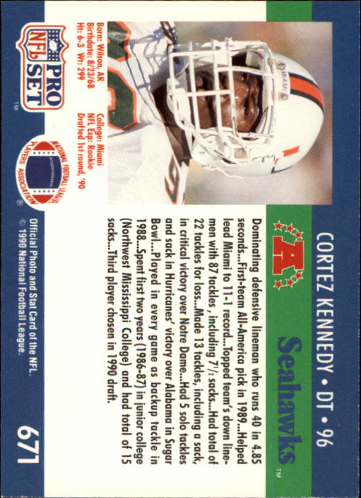 1990 Pro Set #671 Cortez Kennedy RC UER/(No scouting photo/line on back) back image