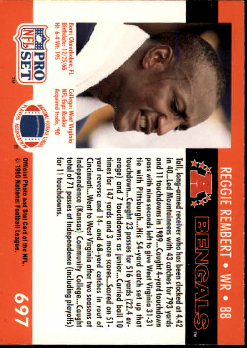 1990 Pro Set #697 Reggie Rembert RC UER/(Missing Scouting Line/credit on the front) back image