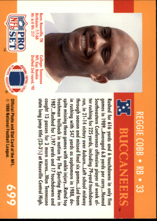 1990 Pro Set #699 Reggie Cobb RC back image