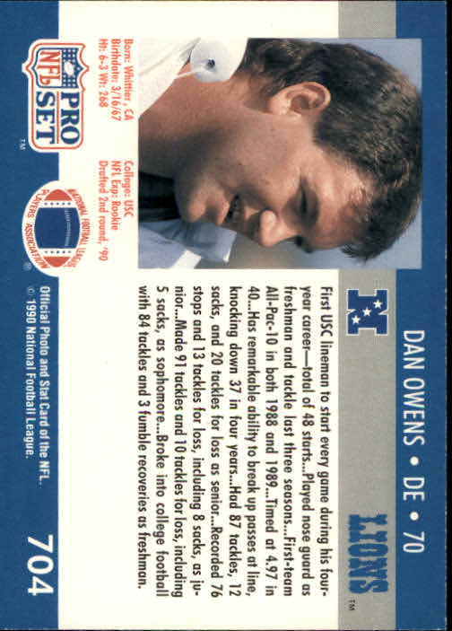1990 Pro Set #704 Dan Owens RC back image