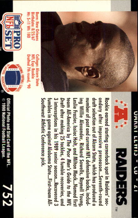 1990 Pro Set #752 Garry Lewis RC back image