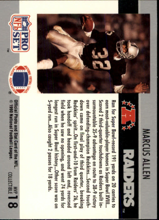 Marcus Allen Pro Set Card #18 MVP Super Bowl XVIII