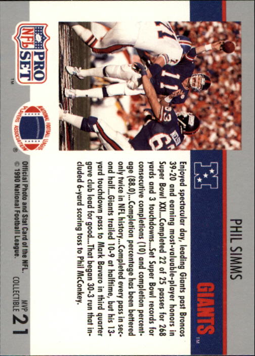 1990 Pro Set Super Bowl MVP's #21 Phil Simms back image