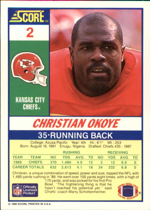 1990 Score #2 Christian Okoye back image