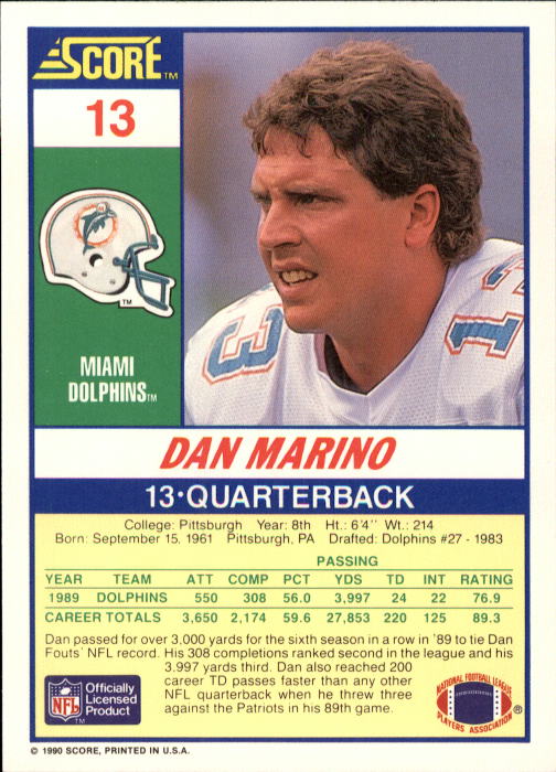 1990 Score #13 Dan Marino back image
