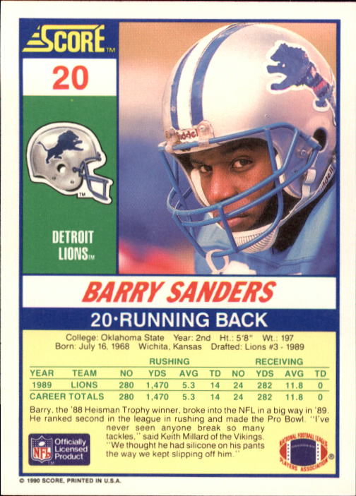 1990 Score #20 Barry Sanders back image