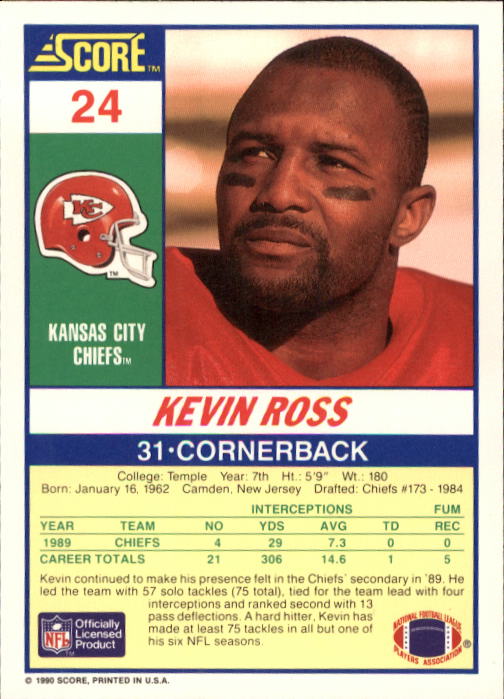 1990 Score #24 Kevin Ross back image