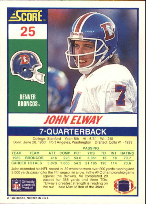 1990 Score #25 John Elway back image