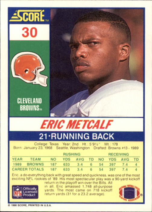1990 Score #30 Eric Metcalf back image