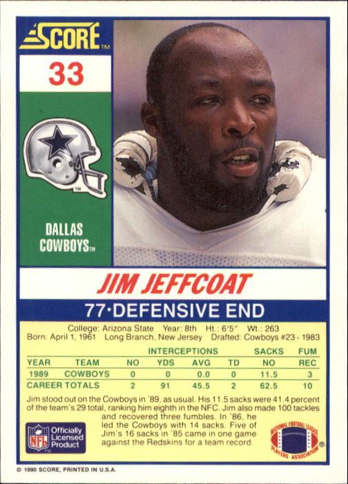 1990 Score #33 Jim Jeffcoat back image