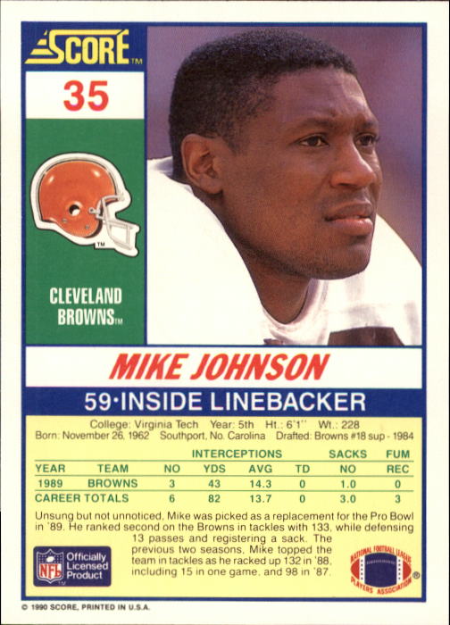1990 Score #35 Mike Johnson UER/(Front photo actually/51 Eddie Johnson) back image