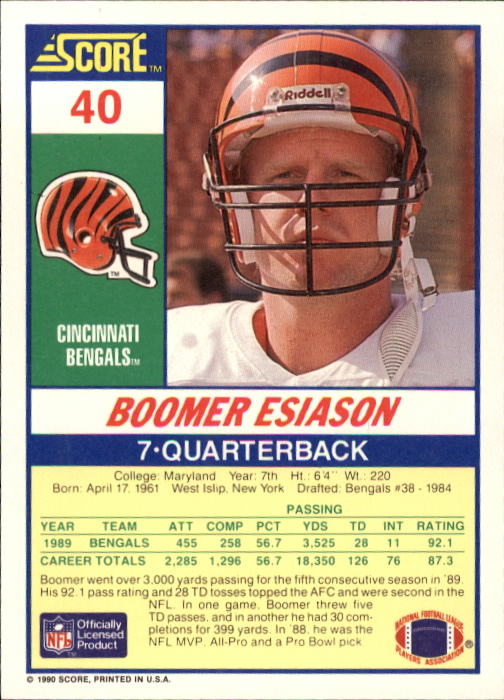 1990 Score #40 Boomer Esiason back image