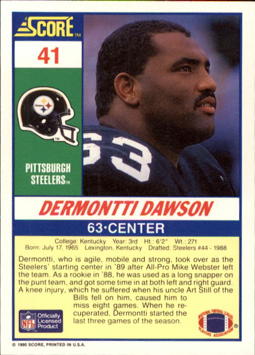 1990 Score #41 Dermontti Dawson back image