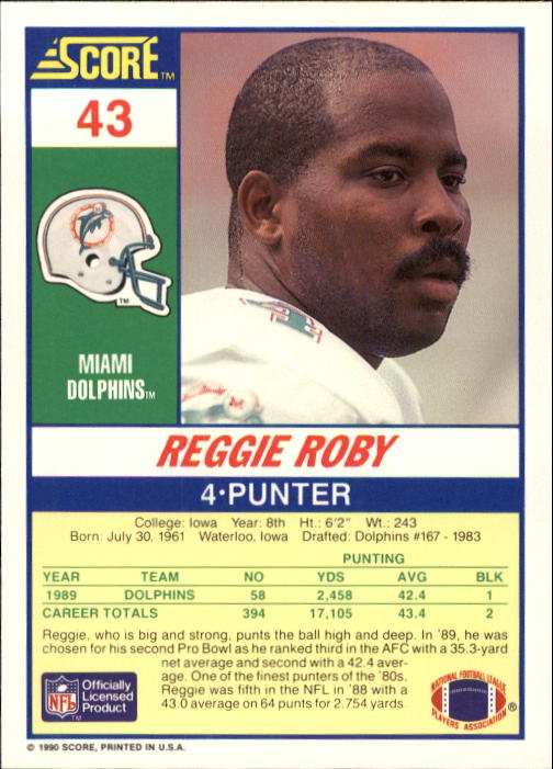 1990 Score #43 Reggie Roby back image