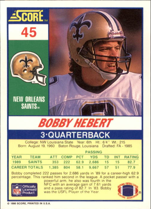 1990 Score #45 Bobby Hebert back image