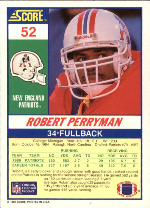 1990 Score #52 Robert Perryman back image