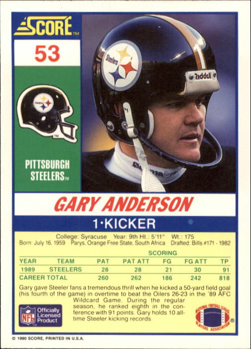 1990 Score #53 Gary Anderson K back image