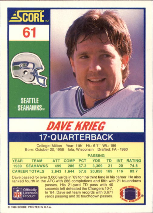 1990 Score #61 Dave Krieg back image
