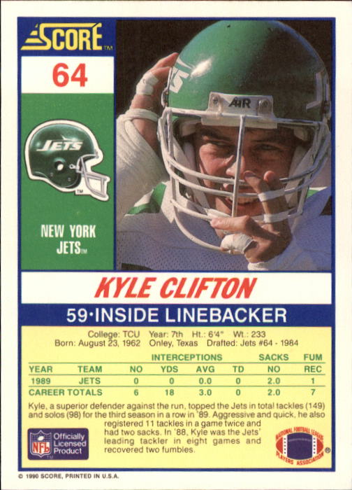 1990 Score #64 Kyle Clifton back image