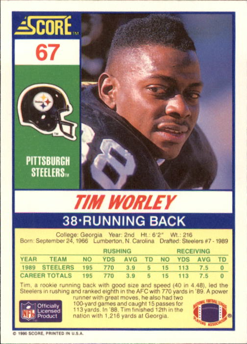1990 Score #67 Tim Worley back image
