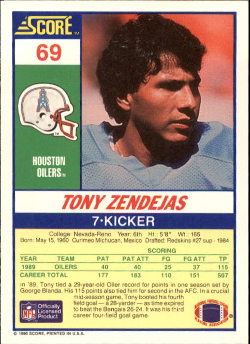 1990 Score #69 Tony Zendejas back image