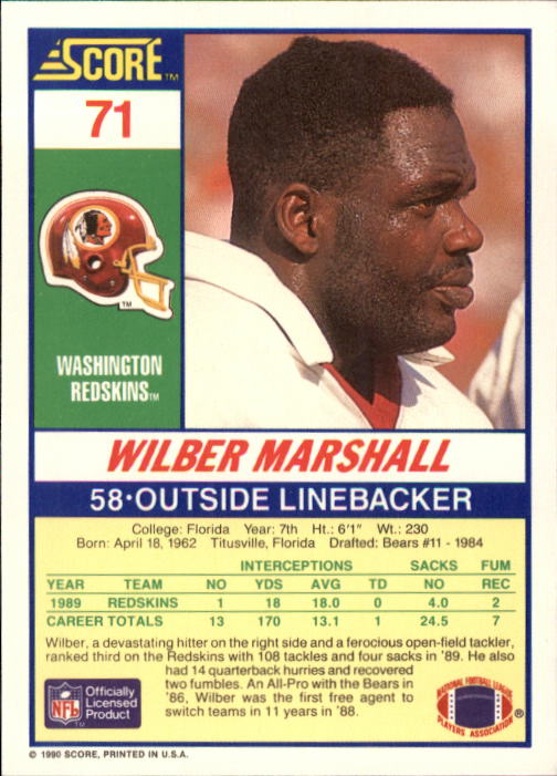 1990 Score #71 Wilber Marshall back image