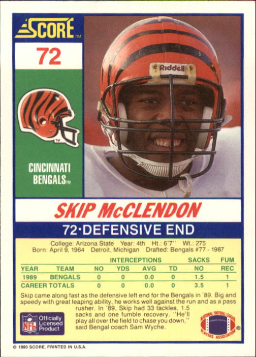 1990 Score #72 Skip McClendon RC back image