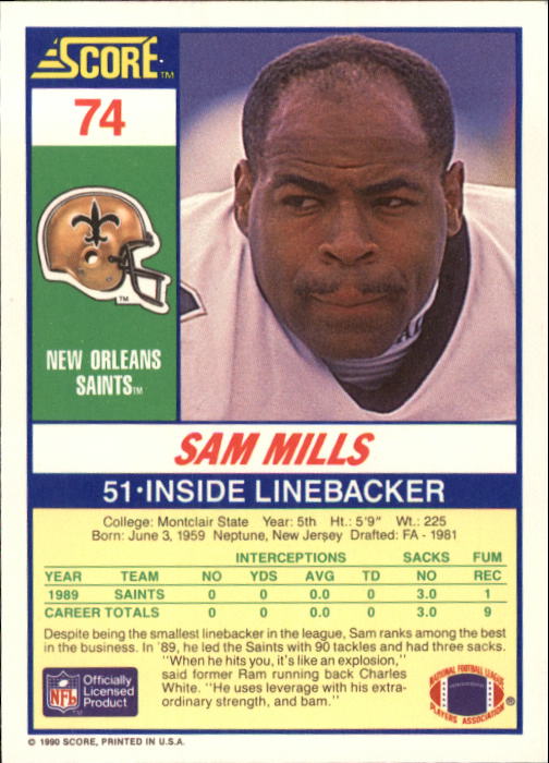 1990 Score #74 Sam Mills back image