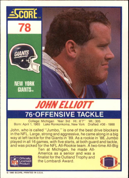 1990 Score #78 John Elliott UER/(No draft team mentioned;/missing Team FA status) back image
