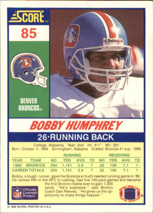 1990 Score #85 Bobby Humphrey back image