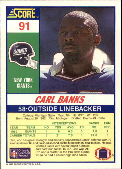1990 Score #91 Carl Banks back image