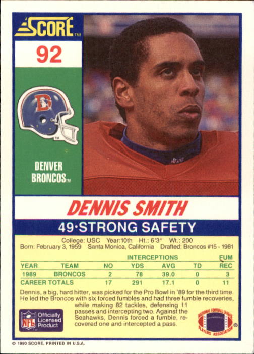 1990 Score #92 Dennis Smith back image
