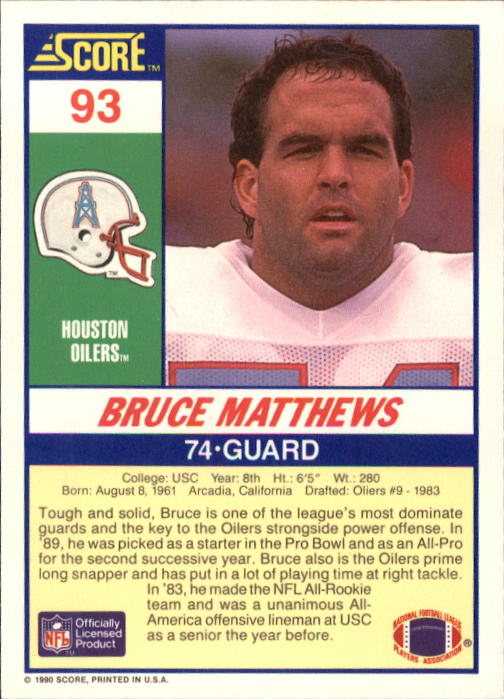 1990 Score #93 Bruce Matthews back image