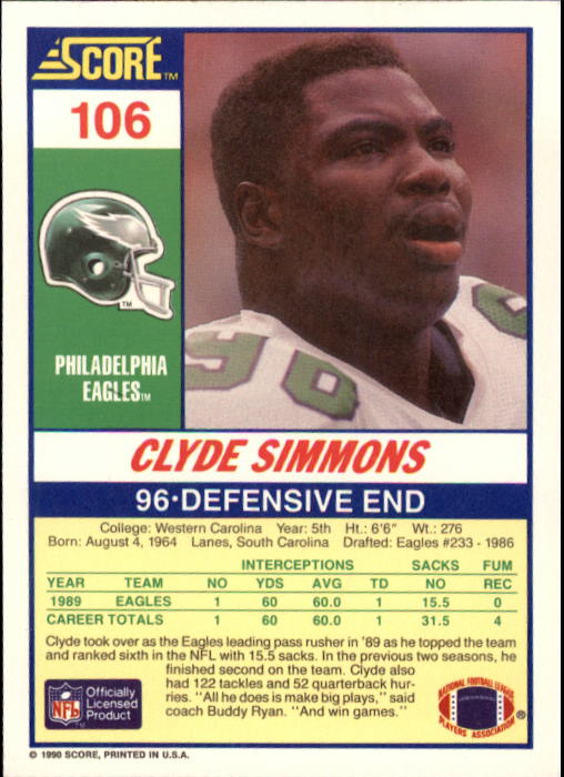 1990 Score #106 Clyde Simmons back image