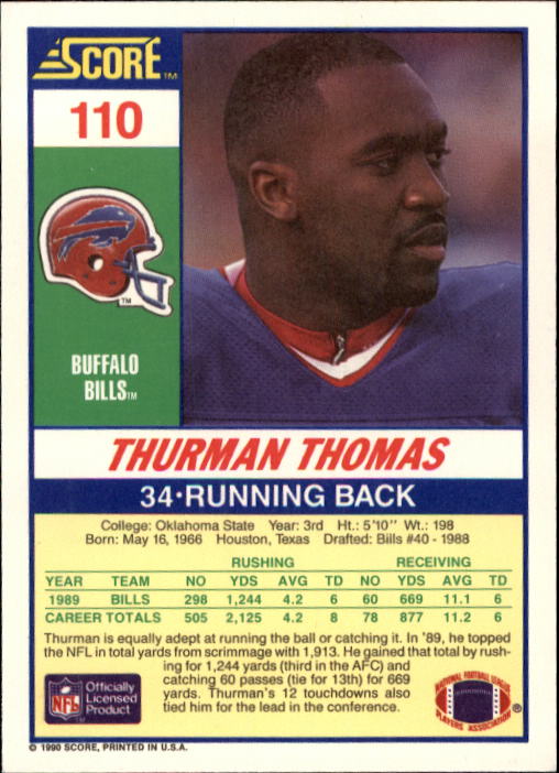 1990 Score #110 Thurman Thomas back image