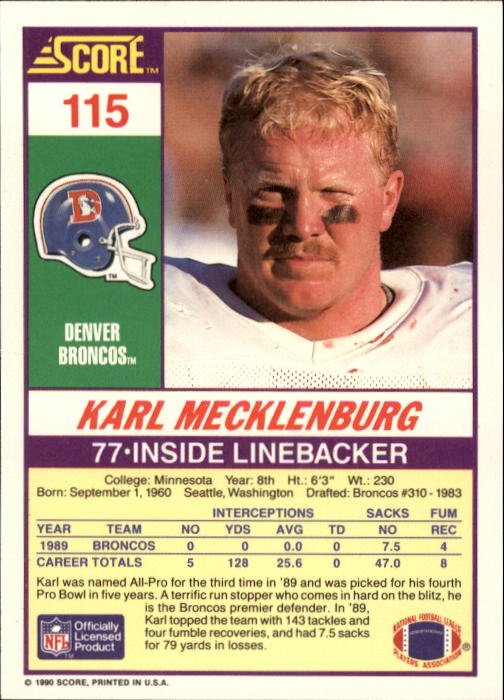 1990 Score #115 Karl Mecklenburg back image