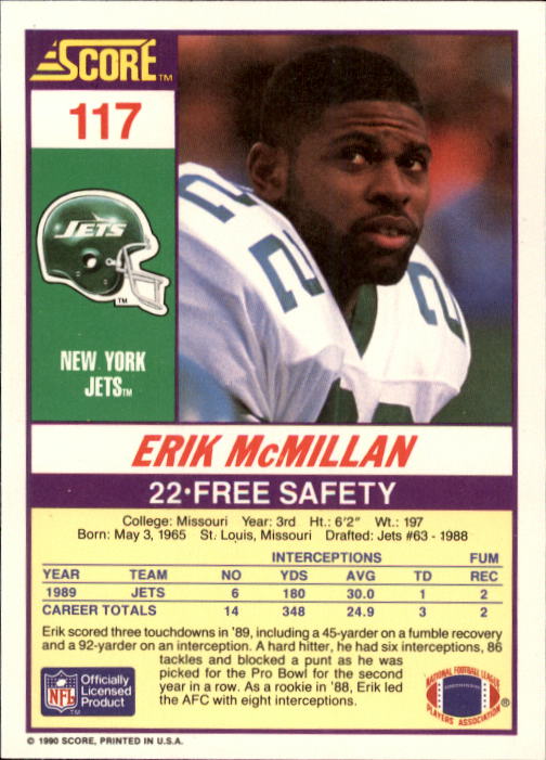 1990 Score #117 Erik McMillan back image