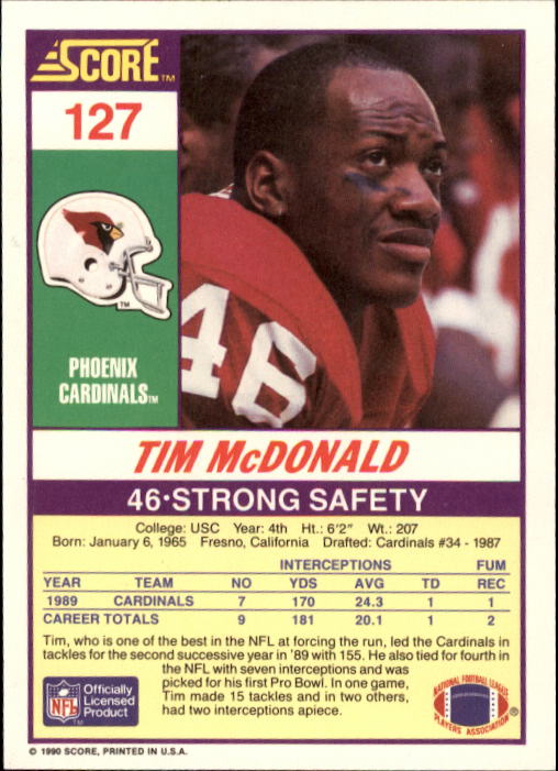 1990 Score #127 Tim McDonald back image
