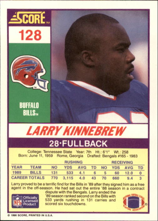 1990 Score #128 Larry Kinnebrew back image