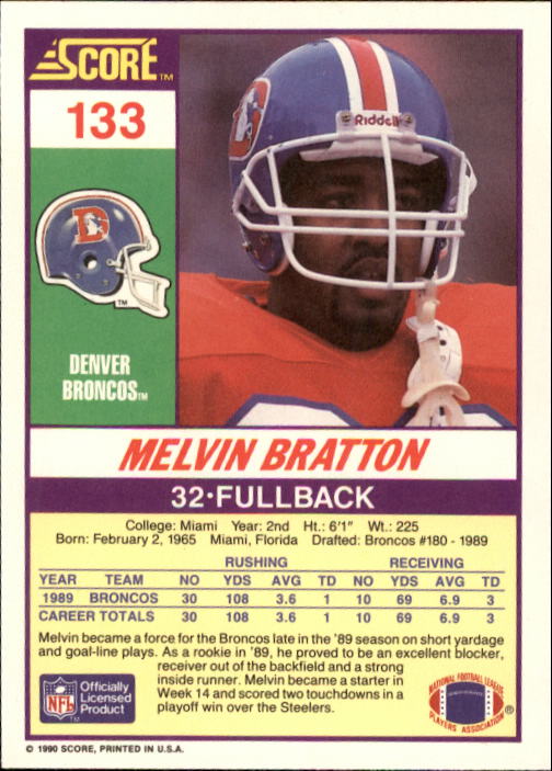 1990 Score #133 Melvin Bratton RC back image