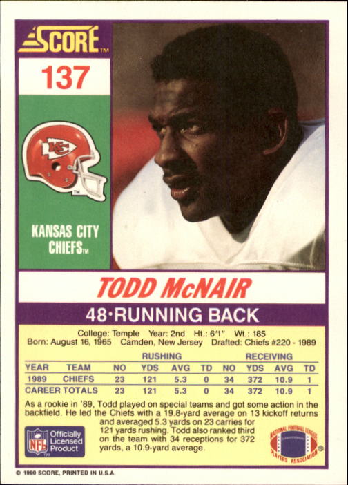 1990 Score #137 Todd McNair RC back image